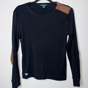 Ralph Lauren Womens Large Black Classic Shirt Suede Elbow Patch Shoulder Zipper